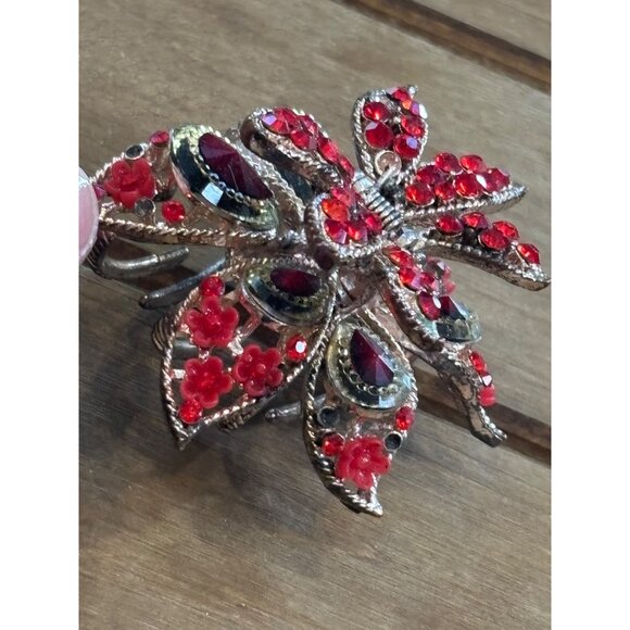 Large Floral Hair Clip With Red Rhinestones & Metal**note missing rhinestone - Picture 1 of 10